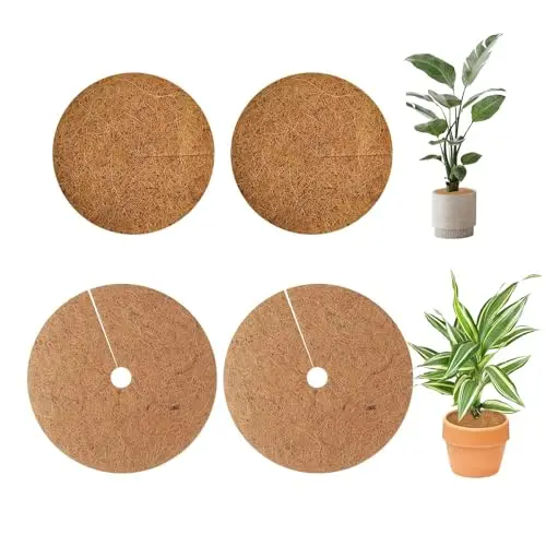 Esterillas de Coco, Paquete de 4, Disco de Mantillo de Coco, Cubierta para Macetas, Protección para Plantas de Coco, Disco de Coco, Protección Sostenible para Plantas