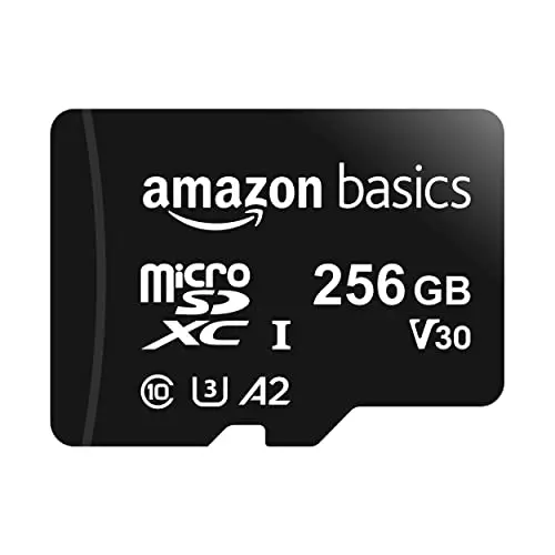 Amazon Basics Tarjeta de memoria microSDXC con adaptador de tamaño completo, A2, U3, velocidad de lectura de hasta 100 MB/s, 256 GB, negra
