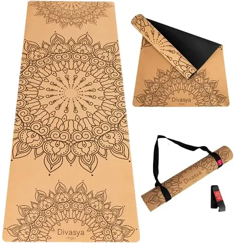 Esterilla de yoga premium de corcho antideslizante: de caucho natural antideslizante y corcho, natural y sostenible, extra ancha y extra gruesa (183 x 66 x 0,4 cm), correa de transporte