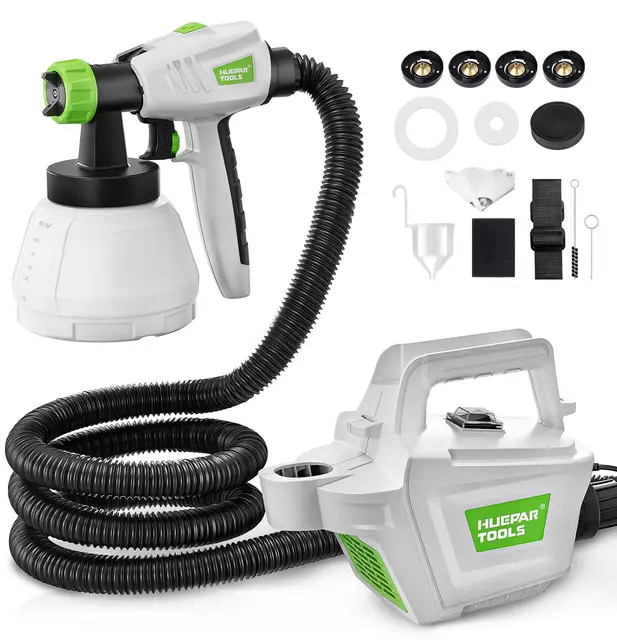 Huepar Tools Pistola de Pintura 800W, Pistola Pintura Electrica con Tanque Desmontable De 1300Ml, 4 Boquillas de Latón, Manguera de 3m, Flujo de Rociado Ajustables, para Interiores y Exteriores