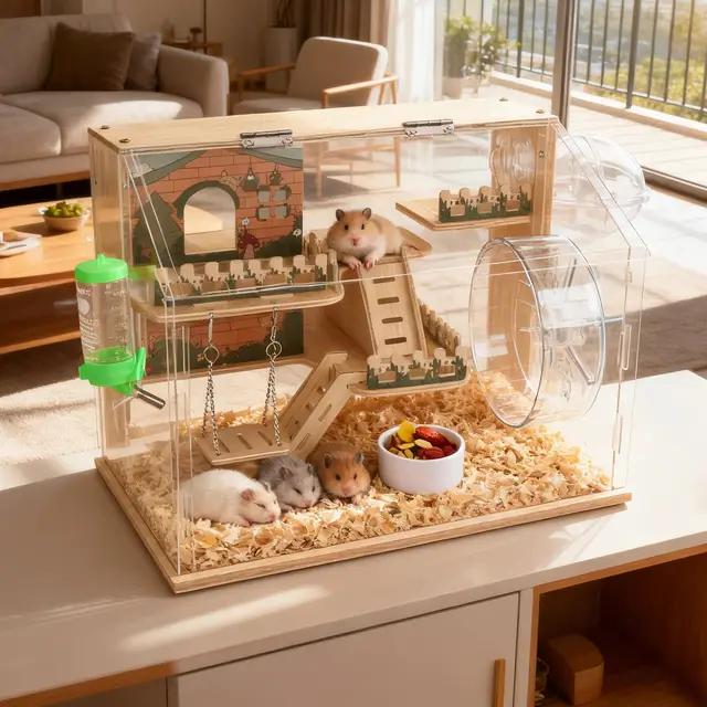 Jaula de Madera para Hámster, Hábitat para Hámster con Vista de 270°, con Paneles Acrílicos Fácilmente, Una Jaula para Hámster Bien Ventilada, para Animales Pequeños Jerbos, Ratas, Cobayas, Ratones