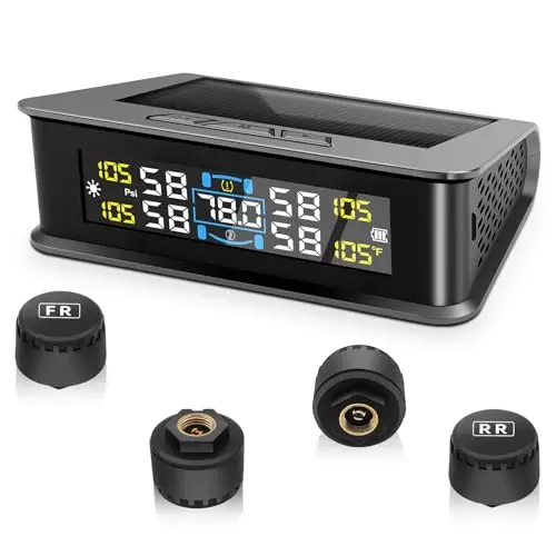 Sistema de Monitorización de Presión de Neumáticos TPMS, Solar Inalámbrico y Carga USB, Monitor de Presión de Neumáticos, 5 Modos de Alarma, 4 Sensores Externos, Rango 0-5 Bar, Ajuste