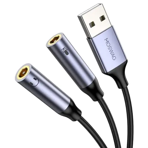 MOSWAG Tarjeta de Sonido USB Externa Soporta Auriculares y Micrófono, Adaptador USB a Jack de 3,5 mm para Auriculares Compatible con Windows, Laptops, Desktops Windows, Mac, Linux, PC, PS4