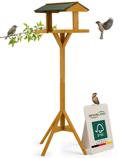 Moorland Casa para Pájaros Abierta con Soporte 116 cm – Comedero Grande de Madera de Abeto FSC – Color Madera Clara con Techo Verde – Kit de Montaje para Jardín y Terraza – Resistente – VH5