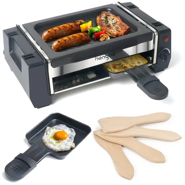 Mini Raclette Grill para 2 Personas, Parrilla Barbacoa Electrica de Interior sin Humo con 2 Mini-sartenes, Temperatura Controlable, Revestimiento Antiadherente, 500W, Acero Inoxidable, Negro