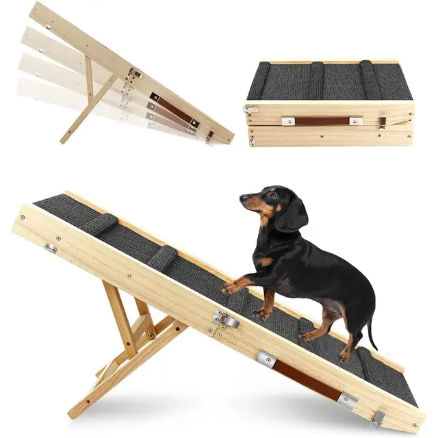 Rampa Plegable para Perros de Madera - Altura Ajustable 25-48cm con Alfombrilla Antideslizante para Cama/Sofá | También para Gatos (80 * 40CM)