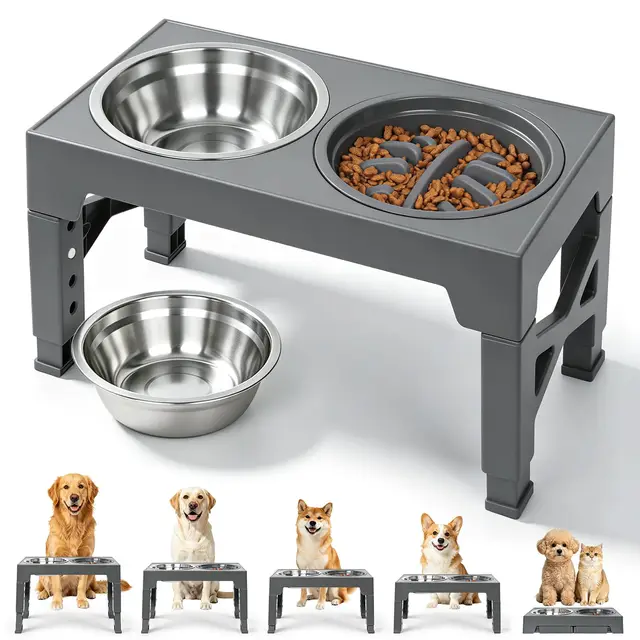 Newthinking Comedero Perro Elevado, 5 Alturas Ajustables, 2 Cuencos para Perro de Acero INOX. 1L + 1 Antivoracidad 800 ml, Base Antideslizante, Ideal para Razas pequeñas, Medianas y Grandes, Gris