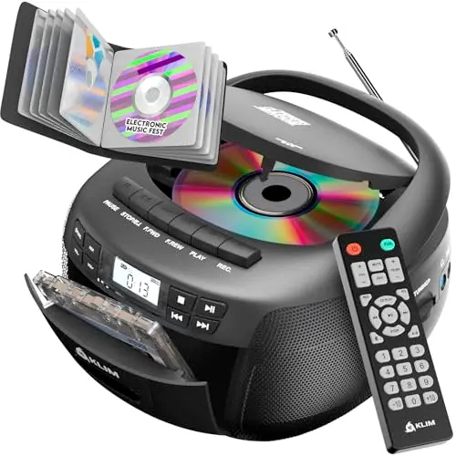 KLIM Reproductor de CD y reproductor de cinta de casete con funda, boombox Bluetooth, radio AM/FM, sonido estéreo, control remoto, combo de CD y casete, grabación de cinta, unidad USB, AUX