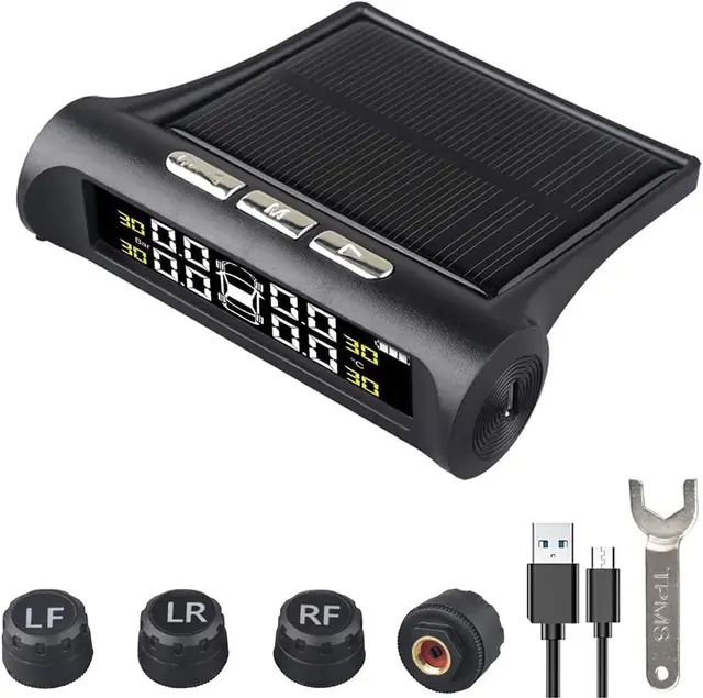 POFET Monitor de presión de neumáticos de Coche, Pantalla detectora de 4 Ruedas, Sistema de Monitor Solar TPMS, Alarma de Coche inalámbrica Universal, para Remolque RV