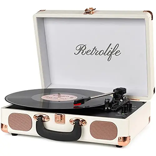 Tocadiscos de Vinilo Portátil con Correa de 3 Velocidades 33/45/78 RPM Bluetooth con Altavoces Incorporados Salida de Línea RCA Entrada AUX para Auriculares Tocadiscos Vintage