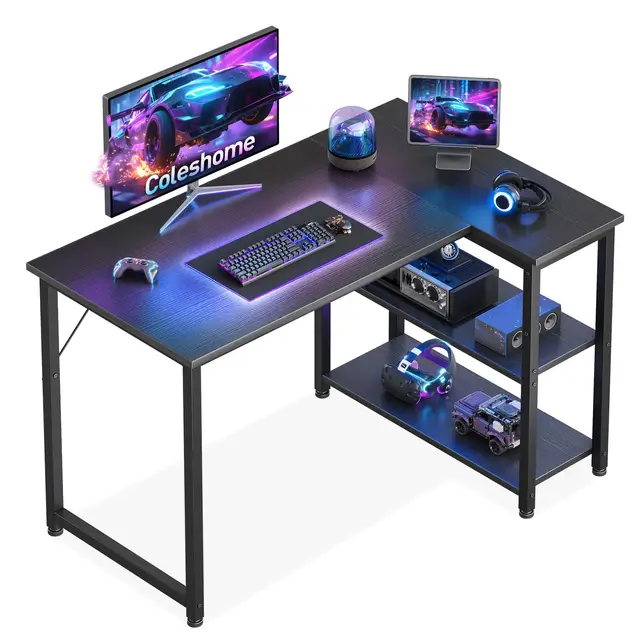 Coleshome Escritorio Gaming, 100x70cm Escritorio Esquinero con Estante de Almacenamiento Reversible, Mesa Escritorios Que Ahorra Espacio, Adecuado para Escritorios de PC en Rincones Familiares, Negro