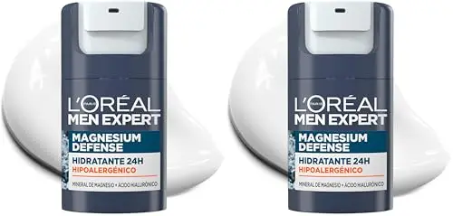 L'Oréal Men Expert, Crema Facial Hidratante 24H Para Hombre, Hipoalergénica Mineral de Magnesio + Ácido Hialurónico, Sin alcohol, Pieles Sensibles, 50 ml (Paquete de 2)
