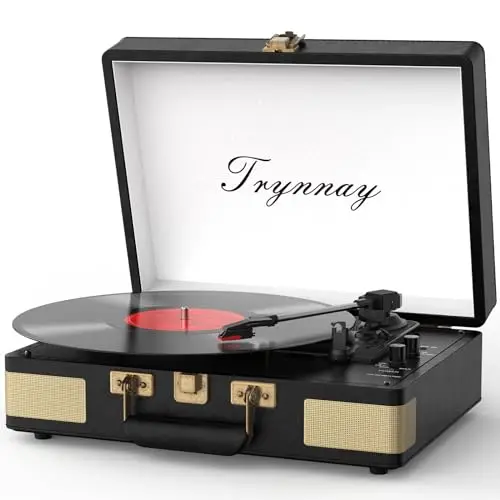 Trynnay Tocadisco reproductor de vinilo portátil con Bluetooth de 3 velocidades, altavoces integrados, sonido mejorado, piel sintética, negro vintage