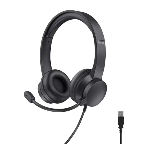 Trust Roha II USB Auriculares con Micrófono PC Ligero On Ear, Diadema Ajustable, Control de Volumen Supraaural, Cable de 1,8 m, Cascos per Oficina Ordenador Portátil Laptop Zoom Teams - Negro