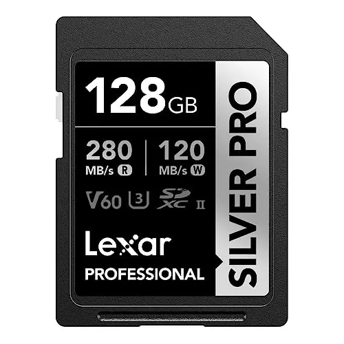 Lexar SILVER PRO Tarjeta SD de 128GB, tarjeta de memoria SD UHS-II, V60, U3, C10, lectura de hasta 280MB/s, escritura de 120MB/s, tarjeta SDXC para DSLR/cámara/fotógrafo/videógrafo (LSDSIPR128G-BNNAA)