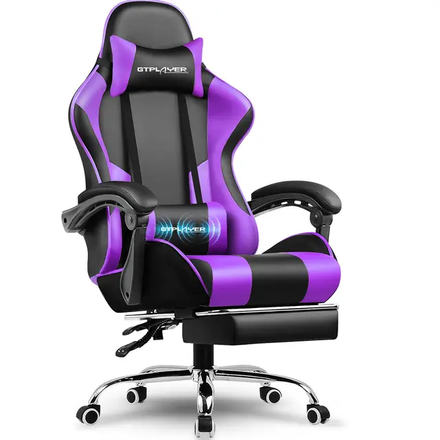 GTPLAYER Silla para Videojuegos, Silla de Oficina, Silla ergonómica para PC, sillón de Gaming con Soporte Lumbar de Masaje, sillas de Tarea con reposapiés y reposacabezas, Piel sintética Morada