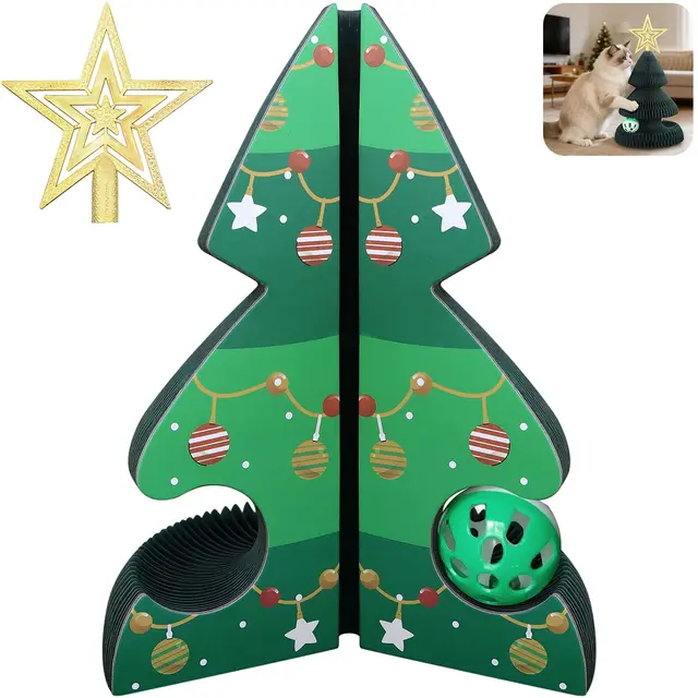 Rascador para Gatos Forma Árbol de Navidad, Cartón Corrugado Plegable Tipo Magic Organ, Tabla de Rascar Vertical Resistente con Estructura de Panal, Juguete Interactivo para Mascotas