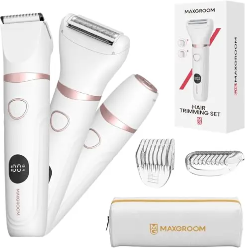 Afeitadora Eléctrica Mujer, MAXGROOM Set de Depiladora Electrica 3 en 1 para Mujer, IPX6 Utilizable en seco/mojado Recortadora Corporal Mujer, Apto para Facial, Cuerpo y Las Zonas íntimas