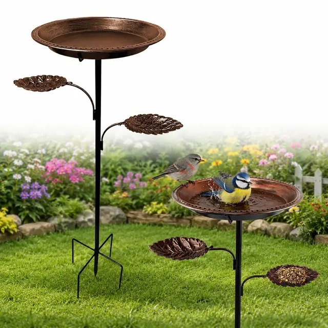 Baño para Pájaros de Metal con Soporte,2 en 1 Bebedero para Pájaros de Pie y Comedero, Bird Bath Vintage para Jardín, Baño para Pájaros con Estaca y Decoración Exterior para Balcón o Patio (Cobre)