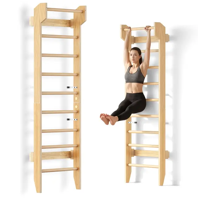 COSYLAND Espaldera de Madera para Gimnasio en Casa – Escalera Sueca con Barra de Dominadas, Carga 100 kg, Equipo de Entrenamiento para Adultos y Niños – Natural