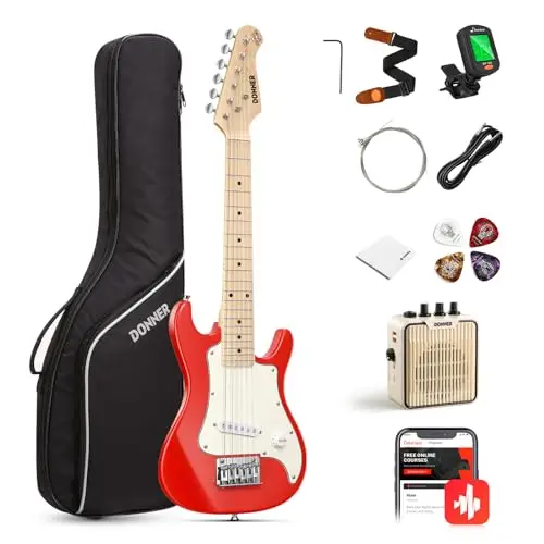 Donner Kit de guitarra eléctrica junior de 30 pulgadas para principiantes, estilo ST, paquete premium con amplificador, sintonizador, capo, bolsa, correa, cuerda, cable (DSJ-100, rojo)