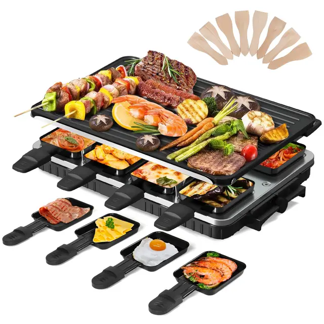 Raclette Grill 6 8 Personas 2 en 1 Parrilla Eléctrica de Sobremesa Revestimiento Antiadherente Placa Grill Reversible Parrilla Eléctrica Raclette sin Humo con 8 Mini Cacerolas y 8 Rascadores 1300W