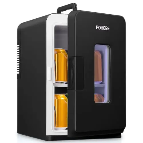 FOHERE Mini Nevera Pequeñas Portátil 12V/220V, 15L/21 Latas, Mini Frigorífico, Modo Silencioso, Función Frío/Calor, Refrigerador Cosmético/Skincare, Negro