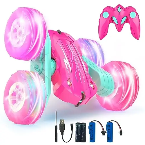 Rodzon Coche Teledirigido,Coche AcrobáTico Camiones 360 Grados De RotacióN,Juguete Niño Regalo 6 7 8 9 12 Años Niña 2.4Ghz Niños Coche Teledirigido con Luces Incluye Batería Recargable(Rosa)