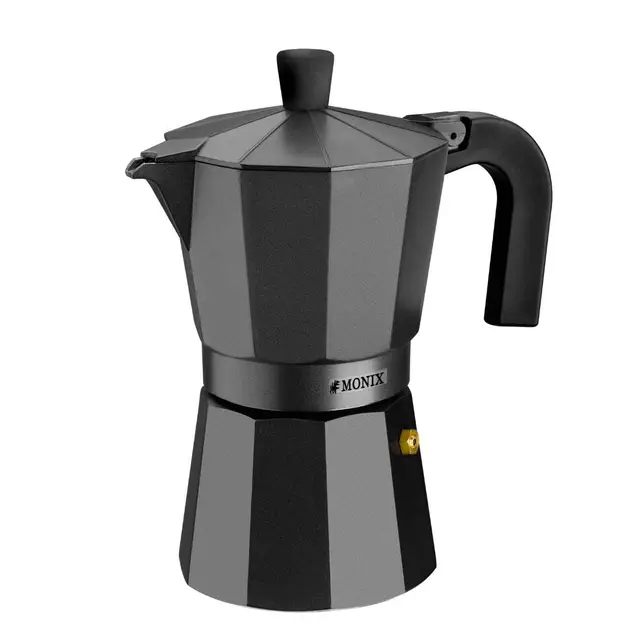 Monix Vitro Noir | Cafetera Italiana de Aluminio 9 Tazas, Apta para Vitrocerámica, Gas y Eléctrica, NO Apta para Inducción, Mango Termoresistente