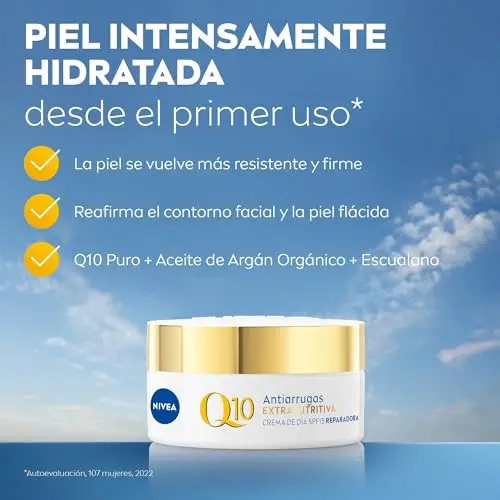 NIVEA Q10 Power Antiarrugas - Crema de Día Extra-Nutritiva SPF15 - Crema Hidratante Facial Antiedad - Reduce Arrugas y Nutre la Piel - Q10, Aceite de Argán y Protección Solar FP15 - Piel Seca - 50 ml