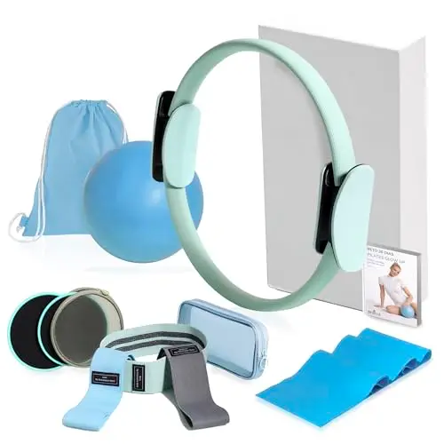 Bebels Pilates Kit, Kit Pilates en casa, Pilates en casa, Kit Gimnasio en casa,Ejercicio en casa, aro Pilates, Bandas elasticas, Pelota Pilates pequeña, Sliders Fitness, Cintas elasticas musculacion