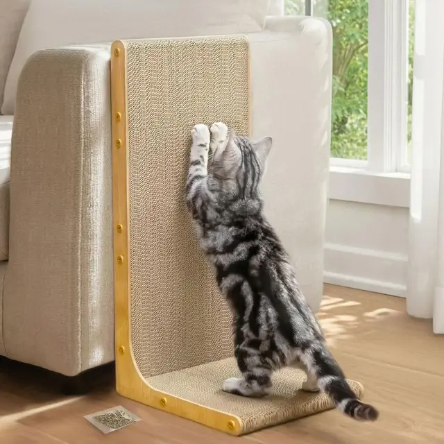 Conlun Rascador para Gatos, 58 cm Forma en L Montable en Pared, Panel de Rascado Vertical, Cartón Duradero para Proteger Muebles de Gatos de Interior, Grande,Efecto Madera