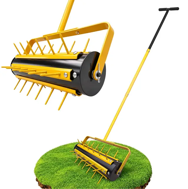 LIROPAU Rodillo aireador de césped, aireador de césped manual, enrollable, con 36 clavos de 5,8 cm y mango en T, aireador de césped, rodillo escarificador para jardín, patio, terraza, 146 x 40 cm