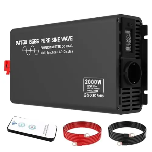DATOUBOSS 2000W/4000W Inversor 12V 220V Onda Pura, inversor 12v a 220v Convertidor Onda con Control Remoto Inalámbrico, 1 AC Tomas,Pantalla Digital, Adecuado para Coches, Caravanas, Barcos y Acampada