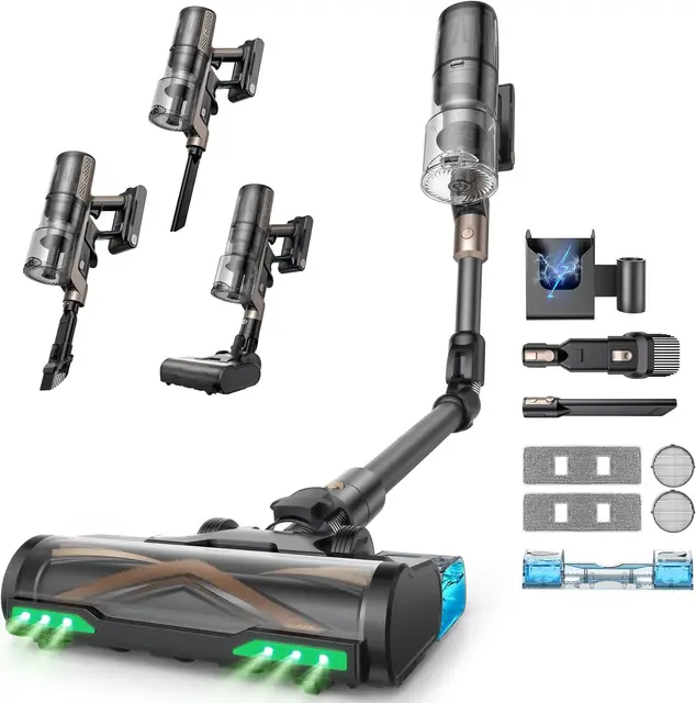 Proscenic P20 Aspiradora sin Cable 70kPa/680W/70Mins, Autoportante con Barra Plegable, Aspiradora con Cepillo Anti-Enredo para Pelo de Mascotas/Suelos/Alfombras, Marrón Y Negro