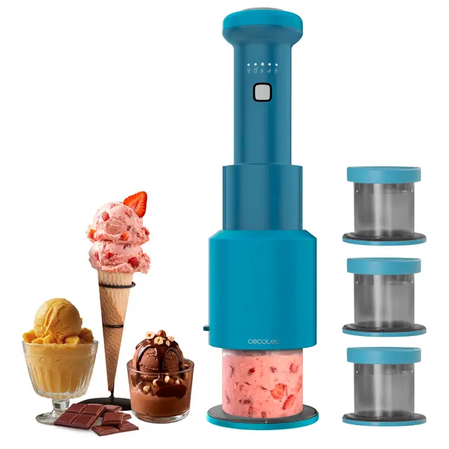 Cecotec Máquina de Helados - Heladera de Mano - Gelatec Easymove. 250W, 5 Programas, Mezcla Vertical Cremosa, Helados, Sorbetes y Bebidas en 3 Pasos, 3 Tarrinas 260ml, Cuchilla Separable