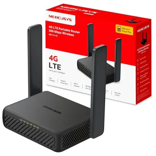 MERCUSYS MB113‑4G - Router 4G LTE Portátil, Wi‑Fi N‑300 hasta 32 Dispositivos, SIM Nano Plug & Play, USB‑C Powerbank y VPN