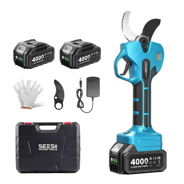 SeeSii Tijeras de Podar Eléctricas 50 mm, Tijera de Poda a Batería 21V con 2×4.0Ah, Cuchillas SK5 Bypass, Pantalla LCD, Motor Brushless 800W, Podadora Eléctrica Profesional