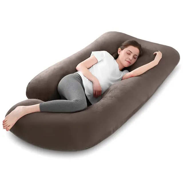 Almohada de Embarazo, Almohada de Cuerpo Completo en Forma de J, Almohada Embarazada Grande, Almohada de Maternidad con Funda de Terciopelo Extraíble y Lavable (Marrón)