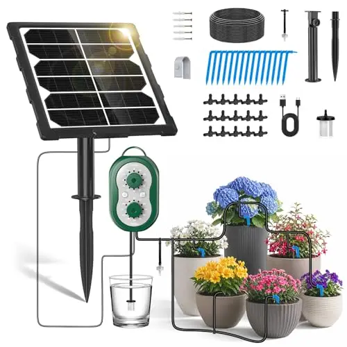 Riego por Goteo Solar para Jardín con Controlador, Recargable Sistema de Riego por Goteo 132 Modos Kit Riego por Goteo para Jardín, Balcón, Invernadero, Césped