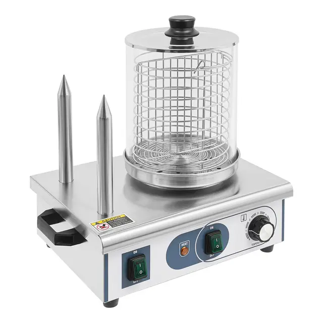 Hot Dog Maker, Bockwurstwärmer, 3 Heizspieße, Temperaturregler 0~85℃, Edelstahlkäfig: Ø 16 cm, Edelstahlgehäuse Profi Wurchenkocher, Silber