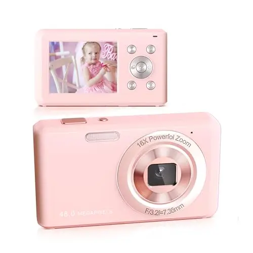 Cámara Digital, HD 1080P Cámara Compacta con 32GB Tarjeta de Memoria, 48 Megapíxeles Cámara, 2.4-Pulgadas LCD 16x Zoom Digital Cámara Digital para Niñas, Adolescentes,Principiantes(Rosa)