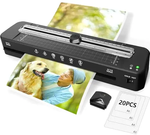 Plastificadora A3, 5 en 1 para A3 A4 A5 A6 Máquina laminadora en modo frío y caliente con cortador de papel, relleno de esquinas y 20 hojas de laminada para la escuela, la oficina y el hogar