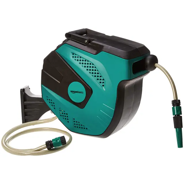 Amazon Basics Enrollador automático de manguera para pared, Negro Verde, 15 m