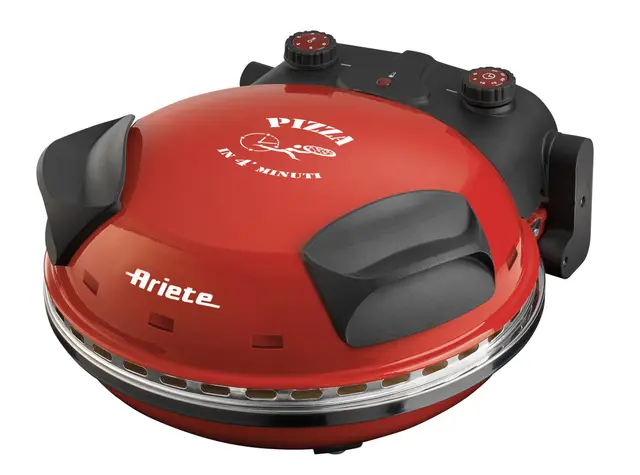 Ariete 909 - Horno para pizza en 4 minutos, 1200 W, 5 niveles temperatura, diámetro 33 cm, regulador de tiempo 30 minutos y temperatura, indicador luminosos encendido/apagado, color rojo negro