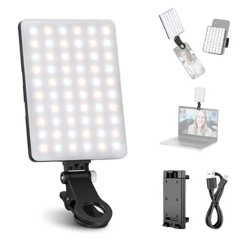 NEEWER LED Luz Selfie con Clip Frontal y Trasero para Movil/Portátil, Alta Potencia 60 LED 2000mAh Recargable CRI 95+ 3 Modos Panel de Iluminación Portátil para Zoom Call TikTok Video Foco Fotografía