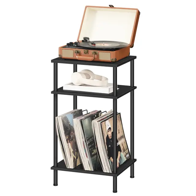 HOOBRO Soporte para Tocadiscos de 3 Niveles, Mesa para Discos de Vinilo con Separador Extraíble, para Discos, Mesa Auxiliar de Estilo Industrial, para CD, Álbumes, Negro EBB02RS01
