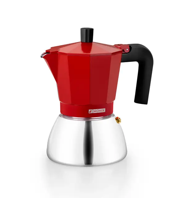 Monix Induction Inox | Cafetera Italiana de Aluminio y Acero Inoxidable, 9 tazas de capacidad, Mango termorresistente, Fácil de Lavar, Apta para todo tipo de Cocinas incluida Inducción, color rojo
