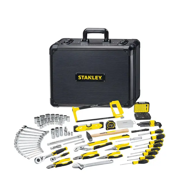 STANLEY Maletín de Mantenimiento 142 Piezas, Alicates, Llave, Nivel, Medidor, Destornillador, Sierra para Metales, Cúter, Martillo, Herramientas para Atornillar, STMT98109-1