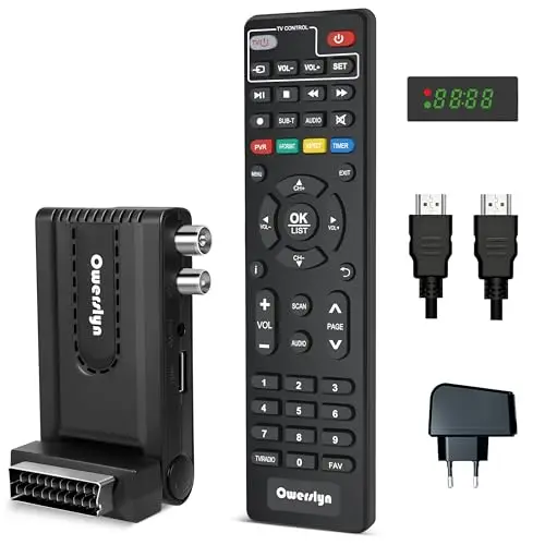 Sintonizador TDT HD 2026, OWERSLYN Decodificador TDT HD DVB-T2/C para TV Antigua, HDMI CEC, 1080P H.265 HEVC 10 bit, con Salida HDMI/SCART y USB Mediaplayer, Función PVR, Control Remoto IR 2 en 1